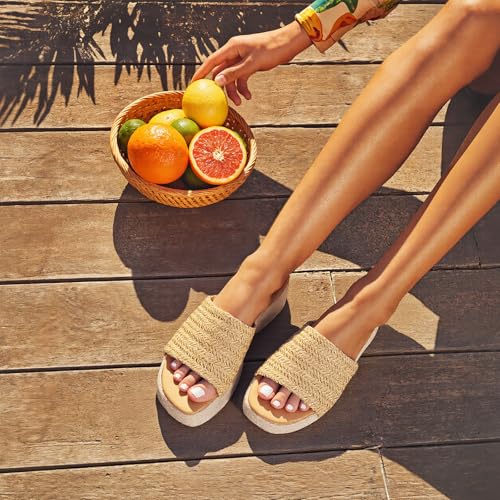 Image of EQAUDES Platform Slip on Espadrille Sandals for Women Summer Wedges Slides -Flatform, Open Toe, Bohemia, Beach, Wedding