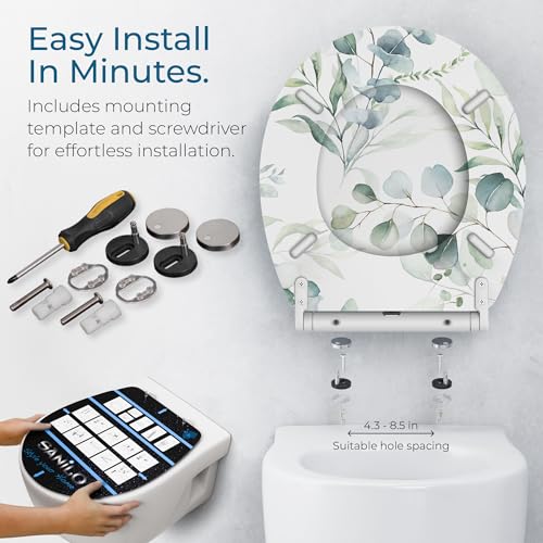 Image of Sanilo Wooden Toilet Seat with Quick Release & Soft Close [ROUND] - Decorative & Slow Close Molded Wood Seat - With One Click for Easy Installation & Cleaning - With Adjustable Fit (Eucalyptus)
