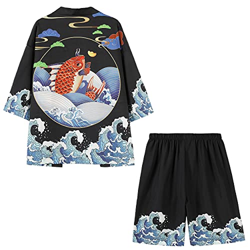 Image of PRIJOUHE Mens Kimono Set Japanese Haori & Shorts 2 Piece Summer Outfits