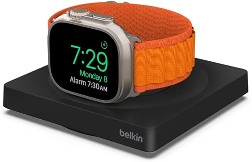 Belkin Cargador para Apple Watch – Almohadilla de carga inalámbrica rápida – Cargador de viaje con modo de mesita de noche con cable USB-C incluido