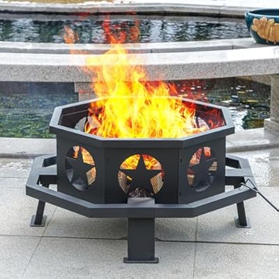 Panovue 32 inch Fire Pit for Outside, Heavy Duty Wood Burning Fire Pits with Fire Poker, Outdoor Octagonal Firepit for Camping, Yard, Patio
