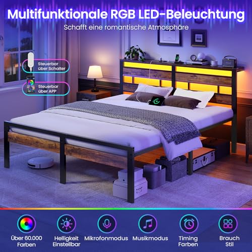 Bett 160x200 mit Lattenrost aus Metall, Doppelbett Bettgestell 160x200cm mit LED Beleuchtung und Ladestation (2 AC-Steckdosen, 1 USB-Anschluss und 1 Type-C-Anschluss) Metallbett mit Kopfteil – Bild 5