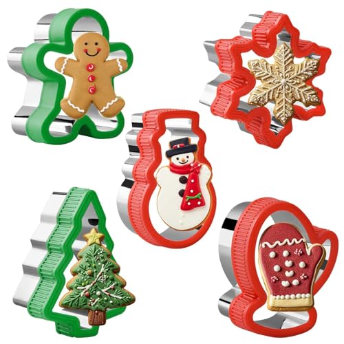 Christmas Cookie Cutters Set, 5 Piece Holiday Biscuit Cutters with Comfort Grip for Xmas Party Supplies/Favors