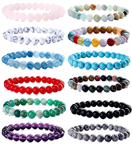 LOLIAS 12 Pcs 8mm Naturelles Parlez Bracelets pour Femmes Hommes Bracelets Pierre Crystal Natural Bracelet Protection Extensible Charme Bracelets Couples Perlés Bijoux...