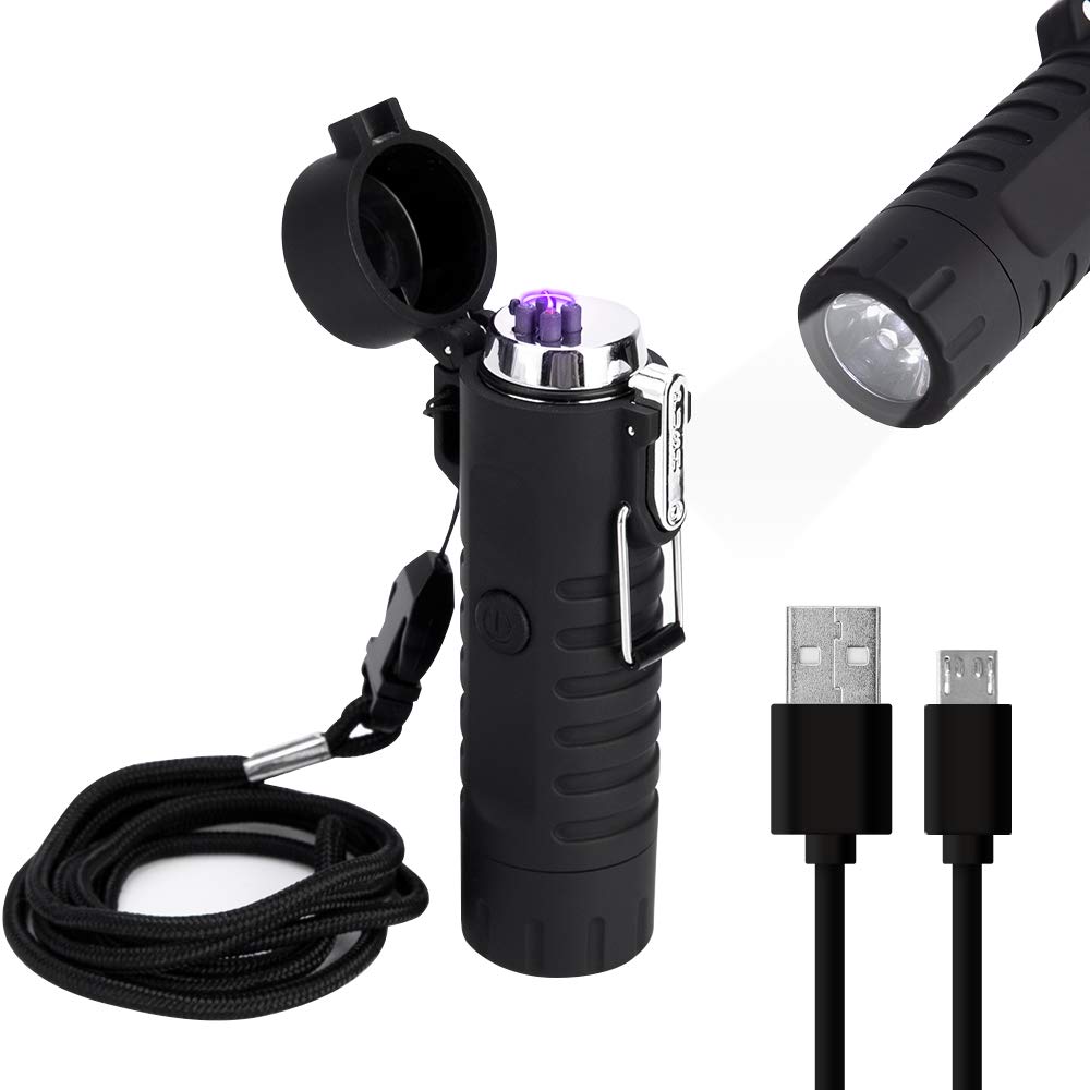 LcFun Waterproof Lighter USB Plasma Lighter Rechargeable Electric Lighter Waterproof with Flashlight Flameless Lighter Windproof Arc Lighter for Outdoor Camping Hiking (Black)