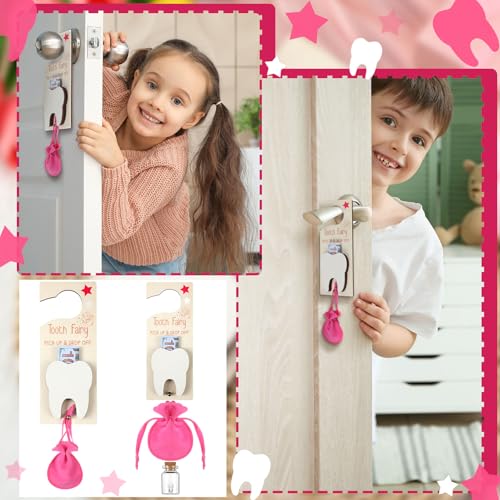 Image of DoubleFill Fairy Tooth Gift Holder Bag Door Hanger Lost Teeth Keepsake Box Tooth Fairy Kit Stores Back to School Gift for Lost Teeth Boy Girl Primary School Classroom Gifts(Classic,Rose Red)