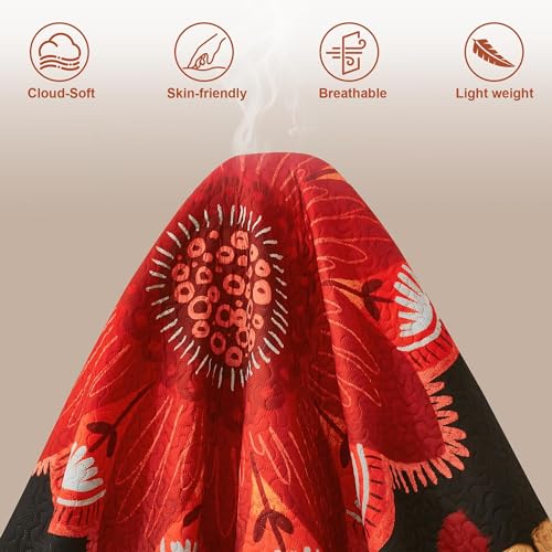 Image of Tyrot 3 Piece Black Red Boho Floral Quilt Sets Full /Queen Farmhouse Reversible Lightweight Bedspread Coverlet with 2 Shams Vintage Mid Century Microfiber Bedding Quilts Set for All Season, 90''x96''