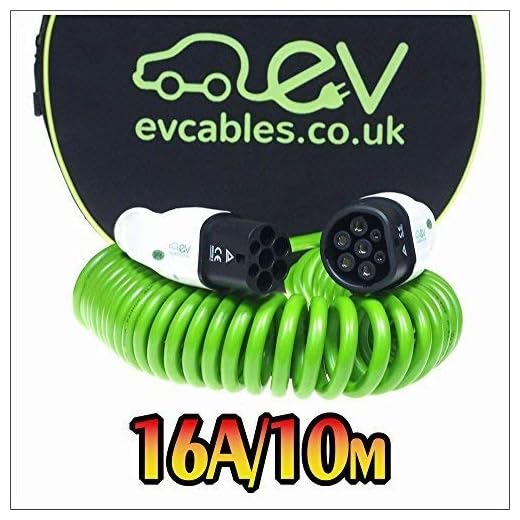 EV Cables CHC001-S(10M) Cable de Carga Espiral, 16 A, 1 Fase, 10 m, IEC 62196-2 Mennekes Tipo 2 a Tipo 2 para Vehículos Eléctricos