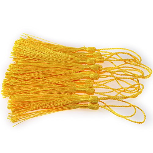 Image of VAPKER 100 Pieces Yellow Tassels 13cm /5-Inch Silky Handmade Soft Tassels Floss Bookmark Tassels with 2-Inch Cord Loop for Jewelry Making, DIY Projects, Bookmarks