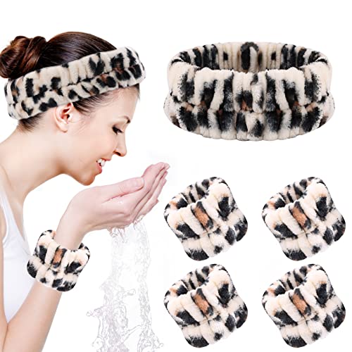 4 Pcs Wristbands for Washing Face and 1 Pcs Spa Headband for Women Prevent Liquid from Spilling Coral Fleece