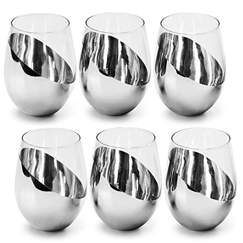 MyGift Modern Stemless Wine Glass Set of 6, White or Red Wine Glasses with Silver Metallic Bottom Angled Design