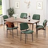 REONEY Dining Chairs Set of 6, Mid-Century Modern Upholstered PU Leather Chairs with Walnut Bentwood Back and Metal Legs Adjustable Feet for Kitchen Dining Room, Dark Green Shell Strips