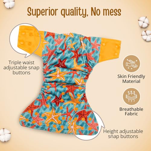 Image of LuvLap Reusable Baby Cloth Diaper, Double Leak Guard, High Absorption, Quick dry, Stain-Proof Comfort & Protection, 3m+, adjustable waist & height with snap buttons, Absorbent insert, blue stars