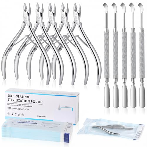 Lothee 10 Pack Cuticle Trimmer with Pusher 200 Sanitizer Pouch, Silver
