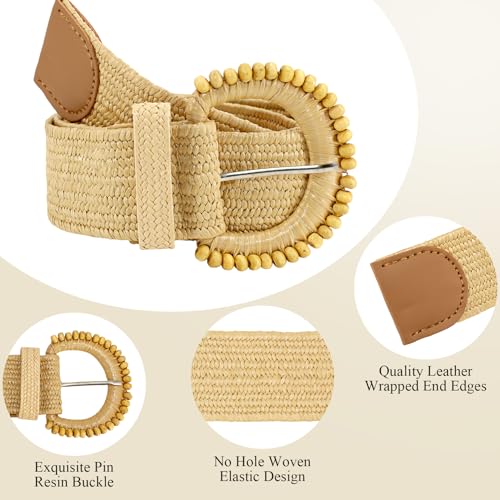Women's Round Buckle Straw Woven Waist Belts,Round Buckle Woven Elastic Belts for Women,Fashion Boho Belt Women,Straw woven Elastic Waist Belt for Womens Dress Decorative4