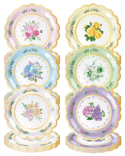 48Pcs Floral Paper Plates, 7 Inch Flower Party Plates Floral Disposable Plates for Tea Party, Birthday Baby Shower Garden Wedding Afternoon Decorations, 6 Styles (48, 7 inch)