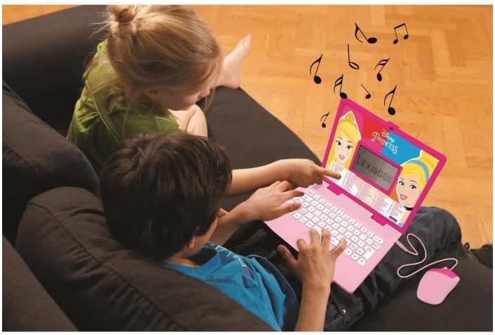 Two children using the LEXIBOOK Disney Princess Educational Laptop