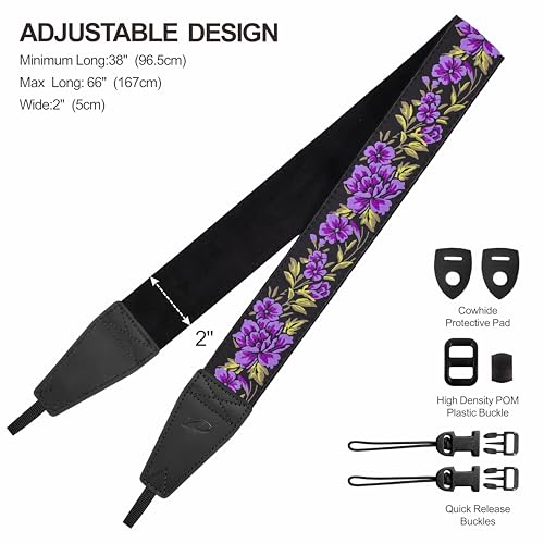 Image of Padwa Lifestyle Purple Rose Camera Strap - 2 inch Full Grain Leather Ends Camera Straps for Photographers, Vintage Embroidered Cotton Soft Suede Fabric Padded Strap Quick Release fits All Cameras