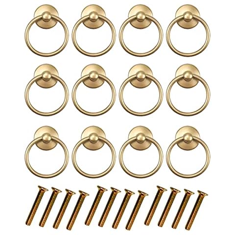 FANGZHE 12PCS Vintage Kitchen Cupboard Knobs Pulls, Handle Painted Gold Round Cabinet Knob Retro Drawer Door Cupboard Dresser Drop Ring Pull Handle with Screws Copper Cupboard Handles (Gold) Cover