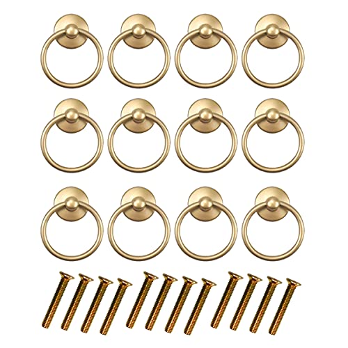 12PCS Vintage Kitchen Cupboard Knobs Pulls Handle Painted Gold Round Cabinet Knob Retro Drawer Door Cupboard Dresser Drop Ring Pull Handle with Screws (Gold)