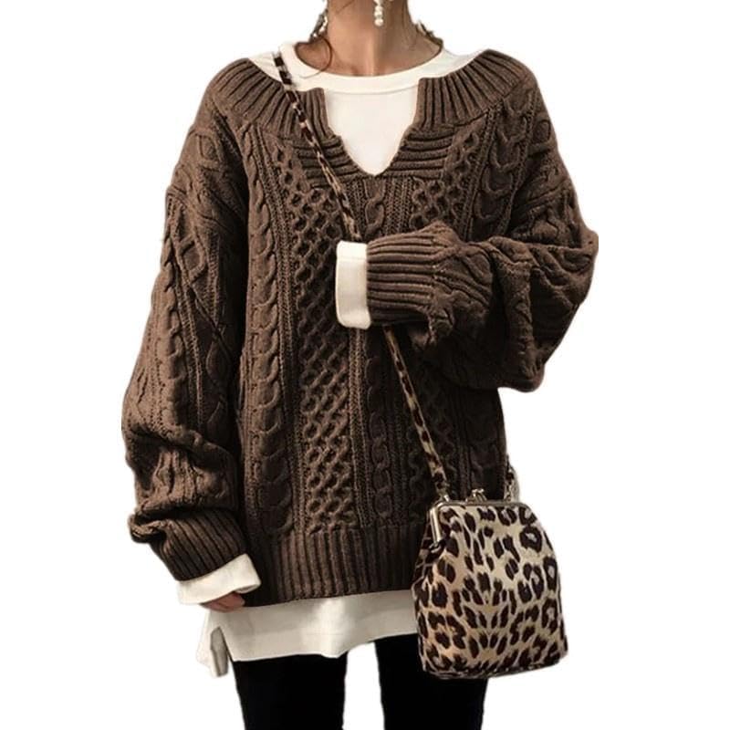 Women's Cable Knit Sweater V Neck Long Sleeve Loose Ribbed Chunky Casual Oversized Pullover Tops 2025 Winter Trendy