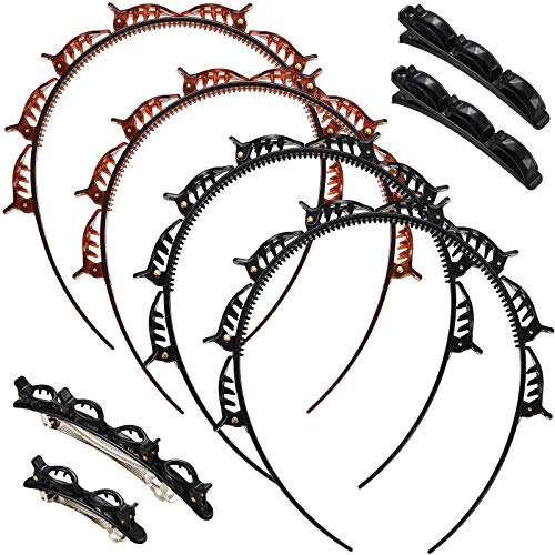 8 Pieces Double Layer Twist Plait Headband Hair Tools Double Bangs Hairstyle Hairpin Headband Multi-Layer Hollow Woven Headband and Double Layer Twist Plait Clips for Women Girls (Black and Brown)