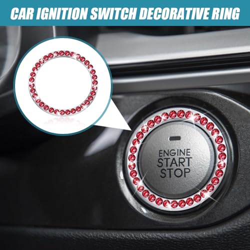 Image of 2 Pcs Crystal Rhinestone Car Engine Start Stop Decoration Ring, Push to Start Button Cover, Bling Car Accessories for Women, Key Lgnition Starter Knob Ring (Red)