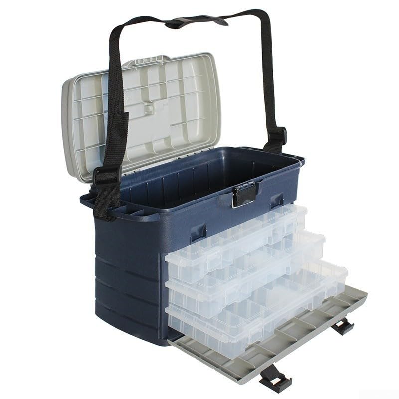 Caja de aparejos de pesca con sistema de tres capas, compartimentos ajustables para cebo y equipo