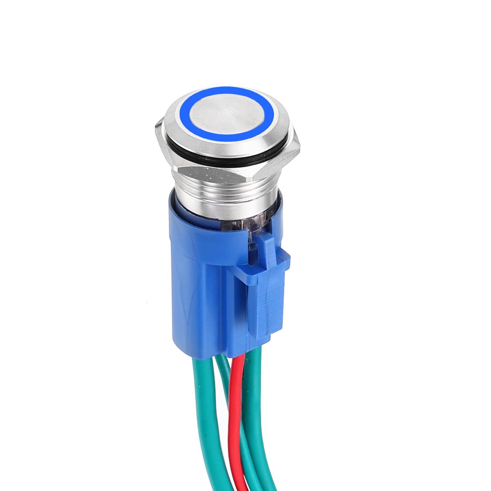 DMiotech 1 Pcs 16mm / 5/8" Stainless Steel Latching Push Button Switch 1NO 10A 12-24V Silver Button Blue Ring Lamp with Socket Plug with Wire for Car Boat Systems Custom Setups