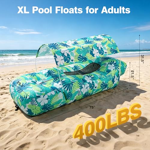 Image of TOBTOS Pool Lounge Float with Canopy, Portable Wind Inflatable Pool Floats for Adults with Headrest & Storage Space, Inflatable Couch for Swimming Pool,Beach