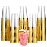 JOLLY CHEF 100 Pack Gold Plastic Disposable Cups, 12 oz Clear Plastic Cups Tumblers, Elegant Gold Rimmed Disposable Glasses Perfect for Wedding, Thanksgiving Day, Christmas
