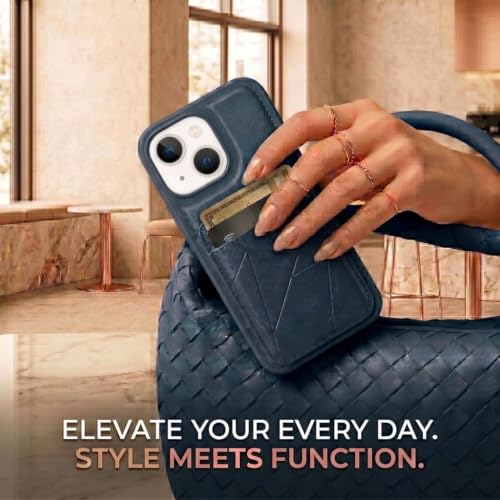 Image of amazon basics Premium Vegan Leather Back Cover with Card Holder and Integrated Mobile Stand for iPhone 13 - Slim Shockproof Wallet Case with Geometric Stitching [Blue]