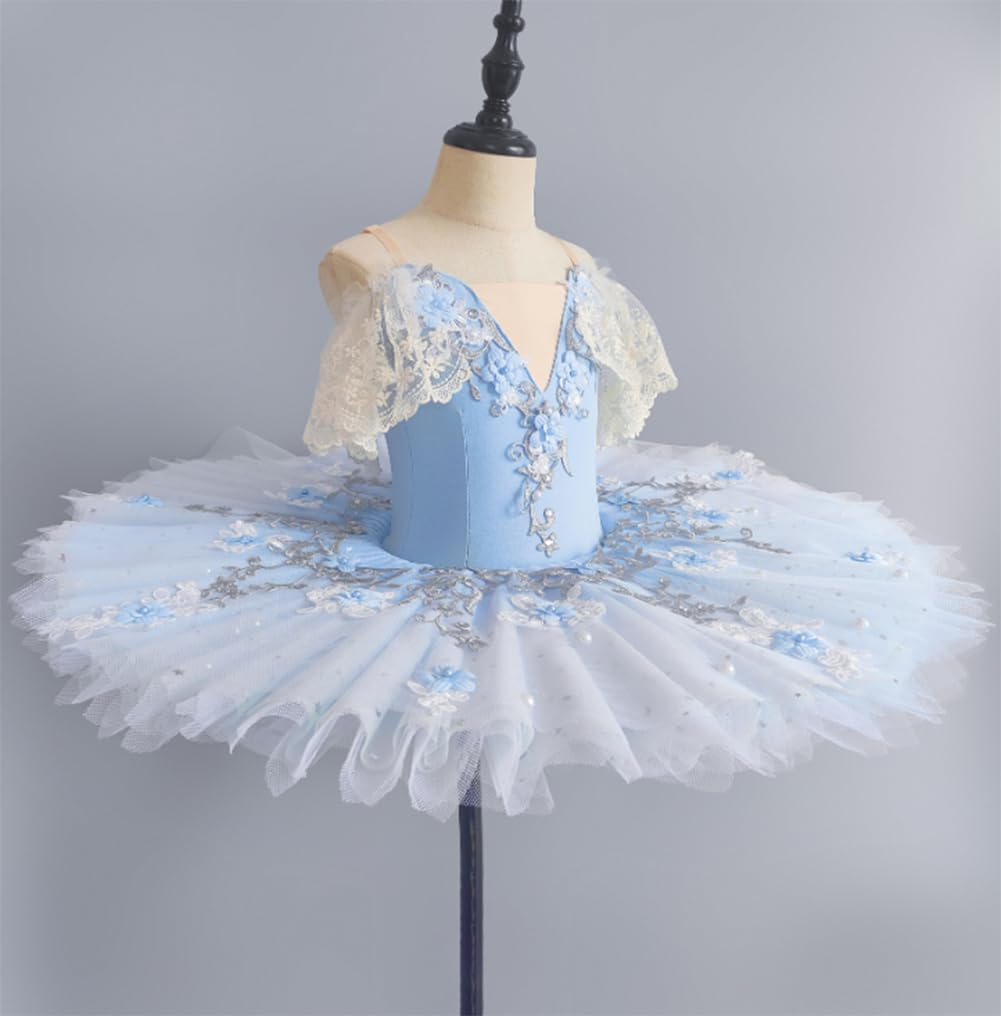 Leotardo de Ballet para niñas, Manga Corta Encaje Bordado Falda tutú de Tul Traje de competición de Danza del Lago de los Cisnes