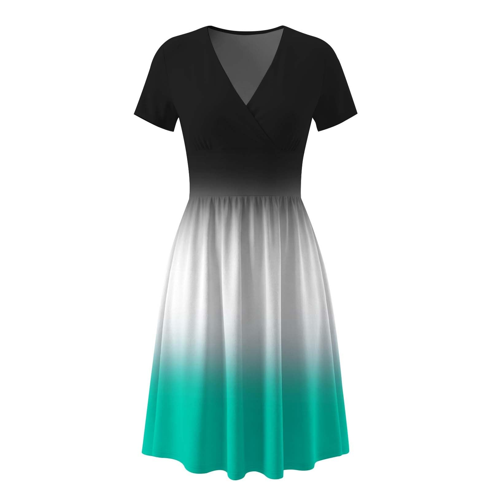 Generico Robe d'été à manches courtes – Robe mi-longue pour femme, taille haute, trapèze, col en V, couleurs mixtes avec plis, robe légère décontractée pour vacances à la mer