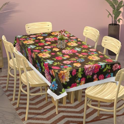 Image of Dakshya Industries 6 Seater PVC Waterproof Dining Table Cover 60x90 Inch | Floral Printed Washable Table Cloth with Lace Border