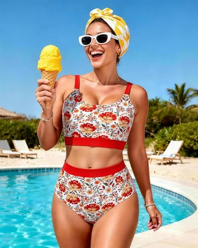 Image of Womens High Waisted Bikini Sets Sporty Crop Top Color Block Swimwear Bandeau Scoop Neck Vintage Two Piece Bathing Suits