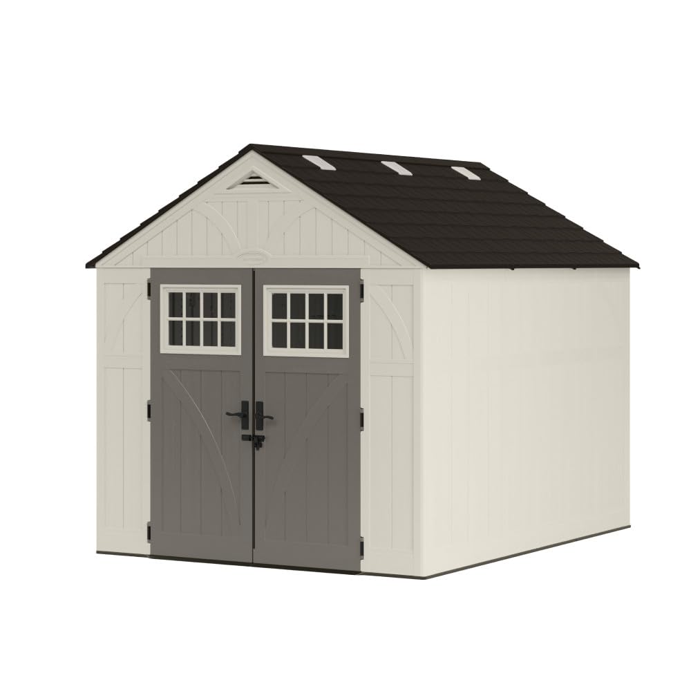 Suncast 8x10 Ft. Outdoor Storage Shed - Large Resin Outdoor Shed with Floor Included, Lockable Double Doors &amp; Skylights. 547 Cu Ft Tremont Garden Resin Sheds for Lawn Tools, Riding Mowers, &amp; Bikes