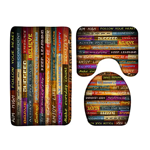 DSMEUE Rustic Wooden 3 Piece Bath Mat Sets,Inspirational Quote Retro