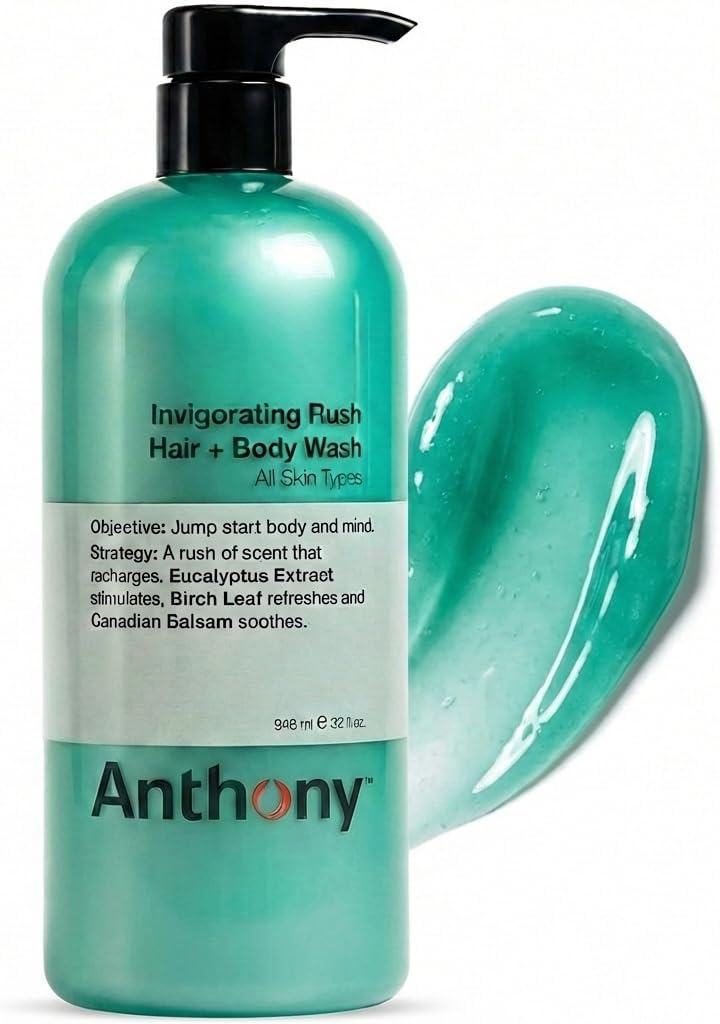 Mens Body Wash and Shampoo: Invigorating Rush 2-In-1 Liquid Gel Soap & Hair Shampoo, Pine Wood Scent, Hydrating with Eucalyptus, Canadian Balsam, Birch Leaf, Charcoal, Sea Kelp, 32 Fl. Oz