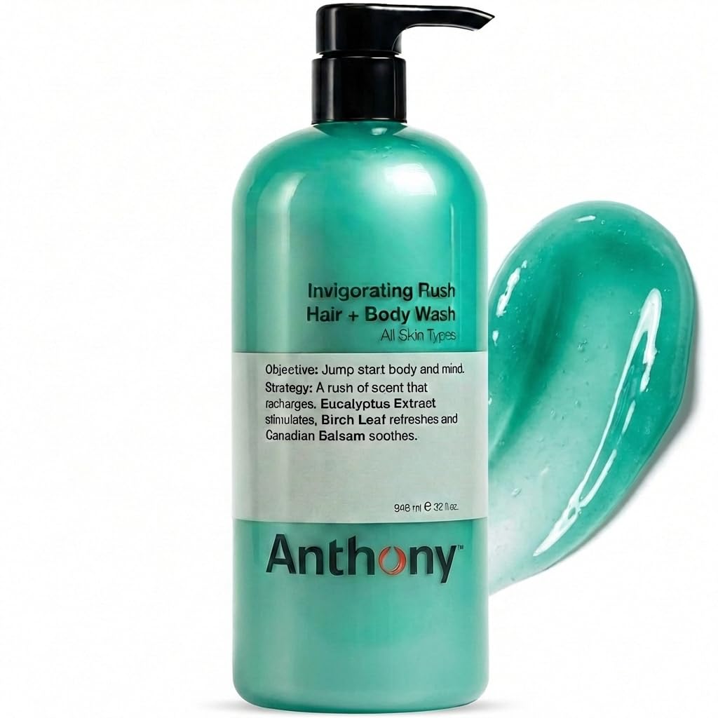 Anthony Mens Body Wash and Shampoo: Invigorating Rush 2-In-1 Liquid Gel Soap & Hair Shampoo, Pine Wood Scent, Hydrating with Eucalyptus, Canadian Balsam, Birch Leaf, Charcoal, Sea Kelp, 32 Fl. Oz