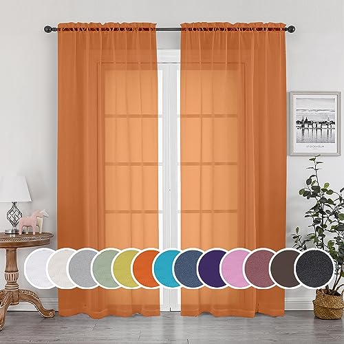 Image of OWENIE Sheer Curtains 90 Inches Long 2 Panels Set for Bedroom, Light Filtering Sheer Curtains Rod Pocket Voile Drapes for Living Room, Airy Soft-Touching Drapes, Orange, Each 42 inch W x 90 inch L