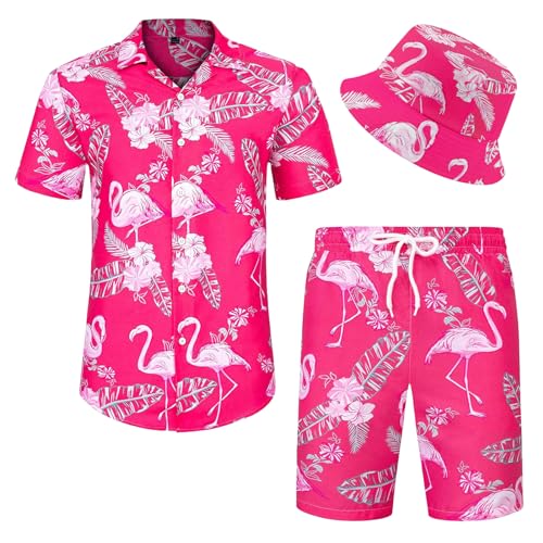 SERTAS Mens Hawaiian Shirt and Shorts Hat Set,Hawaiian Shirts for Men,Summer Hawaiian Shirt Shiteshirts,Shiteshirts for Indoor Outdoor Beach Seaside Holiday Size S-3XL (Pink, L)