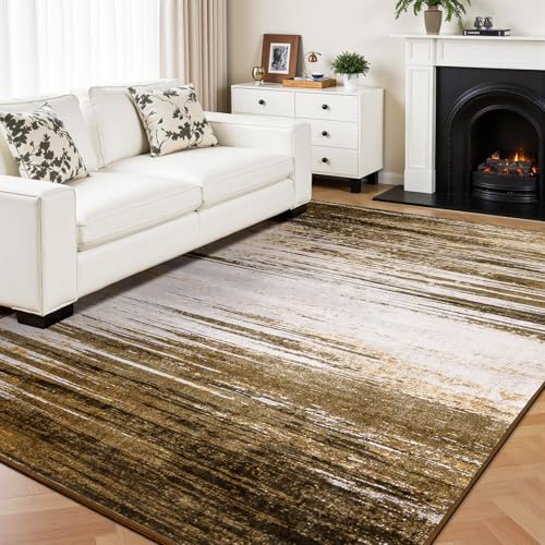 Rugflix 6x9 Area Rug, Washable Rug for Living Room, Non Slip, Soft Low Pile, Modern Abstract Gold Brown Rug for Bedroom, Dining Room, Home Office, Indoor Floor Carpet