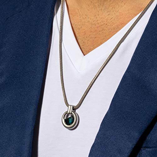 PEORA London Blue Topaz Amulet Pendant Necklace for Men in Sterling Silver, 4 Carats Half Moon Shape, Brushed Finished, with 22-Inch Italian Chain, Cool Men's Necklace, Blue Stone Necklace3