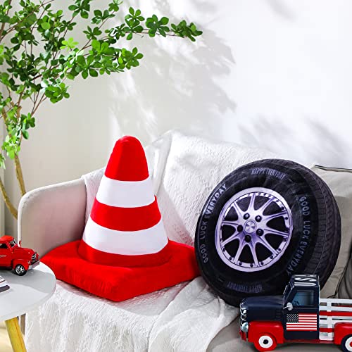Image of Woanger 2 Pcs Race Car Room Decor Racing Plush Throw Pillow Set Gift 15.7 Inch Soft 3D Simulation Wheel Pillow Funny Tire Cone Traffic Light and Stop for Valentines Bedroom Decorations(Traffic Cone)