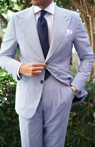 HUUTOE Mens 2 Piece Seersucker Prom Suit Leisure Sear Sucker Suit for Men White Summer Beach Wedding2