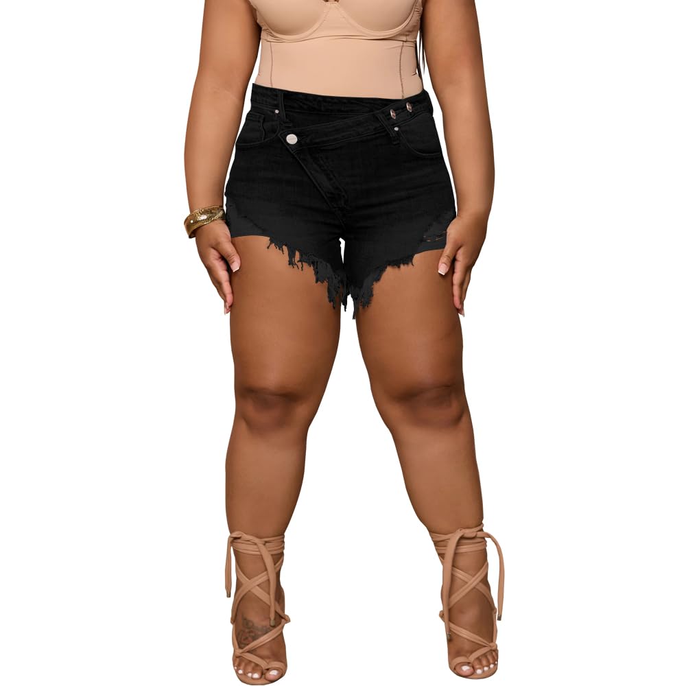 Tycorwd Women's Plus Size High Waisted Crossover Jean Shorts Ripped Raw Hem Summer Hot Denim Shorts
