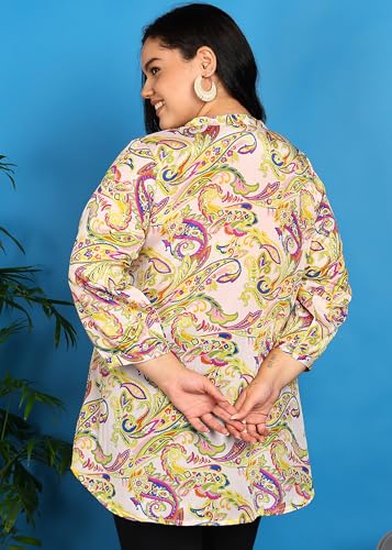 Image of Yash Gallery Women's Wrinkle Free Printed Short Kurti Mandarin Collar with Pintuck Pleats 3 /4th Sleeve