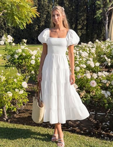 Image of ZESICA Women's 2026 Summer Puff Sleeve Midi Dress 2026 Boho Solid High Waist Flowy Beach Wedding Guest Long Dresses