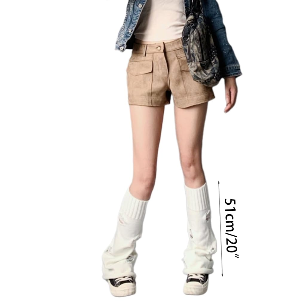 Women Autumn Vintage Ripped Holes Leg Warmers Socks Japanese Punk Distressed Hollow Out Knitted Flared Foot Covers